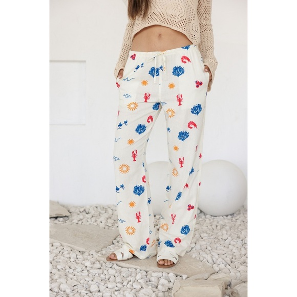 Printed Linen Pull On Pants - White - Picture 2 of 7